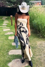 Damen Elegantes Maxi Trägerloses Kleid Mit Pferdeprint – Strapless Kleid – Weiß