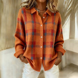 Damen Locker Geschnittener Knopfstrick Cardigan - Stilvolles Karo Design – Orange