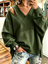 Aurelia - Soft-Touch-Sweatshirt mit V-Ausschnitt und Cut-out-Details – Grün