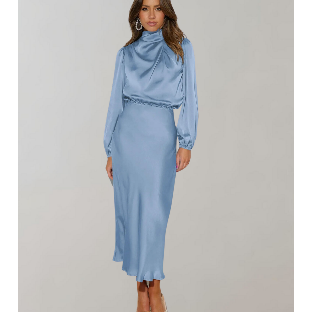 Damen Stylisches High Neck Elegantes Langarm Kleid | Midi