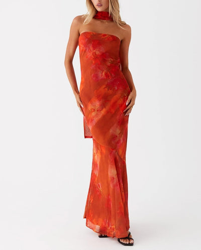 Kalentha® | Trägerloses Maxikleid mit Choker-Kragen