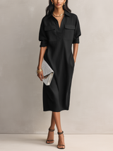 Midikleid aus Baumwoll-Leinen mit Hemdkragen – Schwarz
