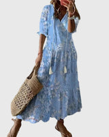 Theresa | Damen Boho Vintage Sommer Maxikleid – Boho Maxi Vintage Sommer 2026 – Hellblau