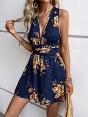 Molly | Jumpsuit mit tiefem V-Ausschnitt und Blumenmuster zum Binden für Frauen