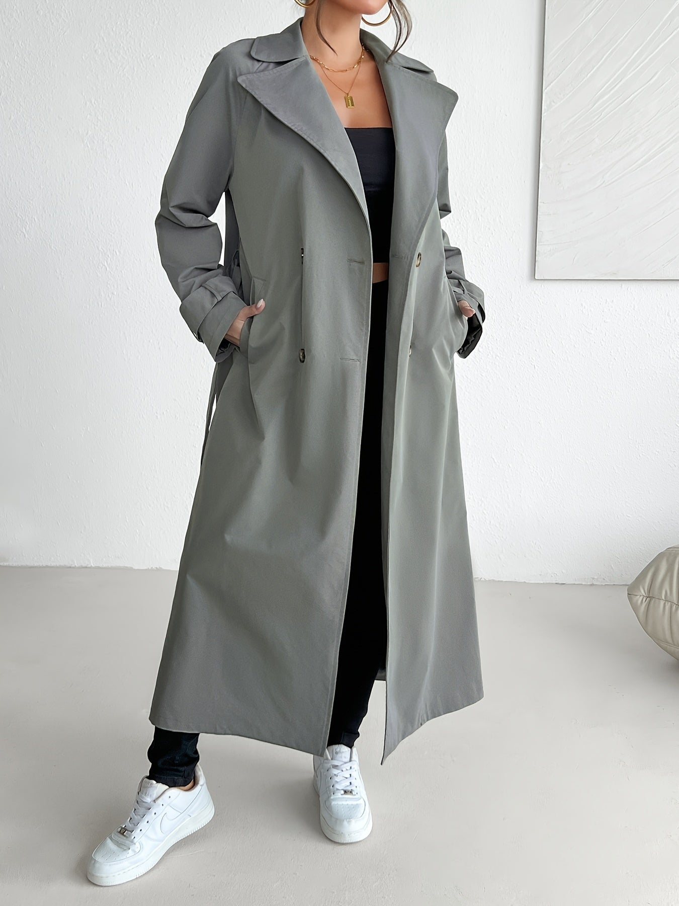 Lässiger Einfarbiger Dunkelgrauer Gürtel Trenchcoat für Damen | Ideal für den Winter