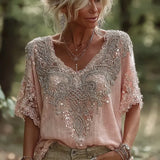 Henrietta - Vintage-Bluse mit Häkel-Details – Rosa