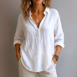Damen V-Ausschnitt Langarm Leinen Bluse – Weiß