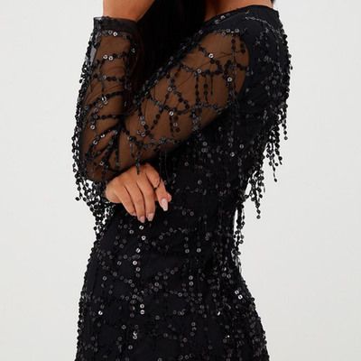 Damen Funkelndes Pailletten Perlen Night-Out Kleid | Mini