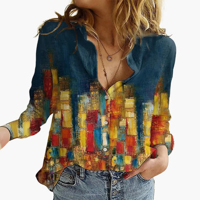 Kunstvoll bedruckte V-Ausschnitt Bluse - Damen Freizeitlook