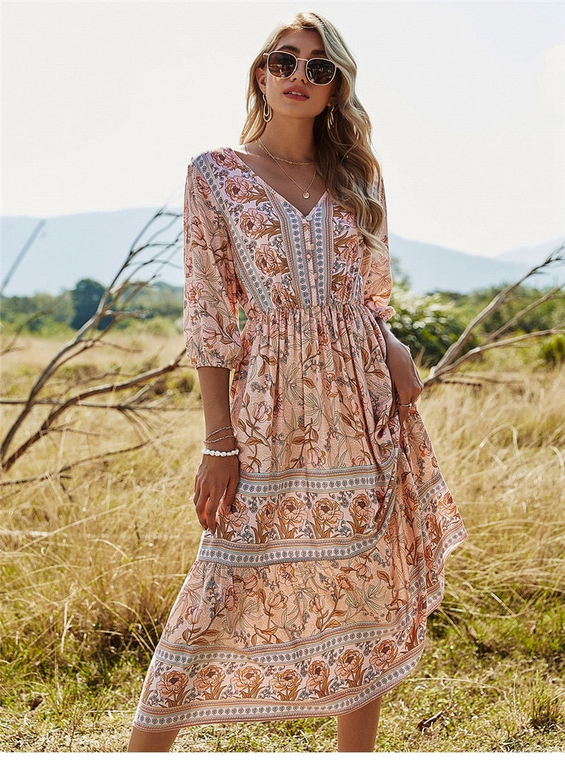 Boho Maxikleid – V-Ausschnitt, 3/4 Ärmel, Blumenmuster
