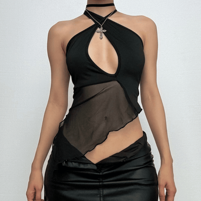 VALE | Backless Mesh Halter Top with Ruffles & Asymmetric Cut