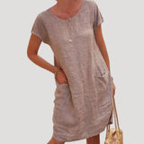 Damen-Leinenkleid in Midi-Länge mit kurzen Ärmeln – Khaki