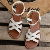 Damen Flache Leder Sandalen Mit Kreuzriemen – Elegante Sommer Komfort Schuhe – Weiß