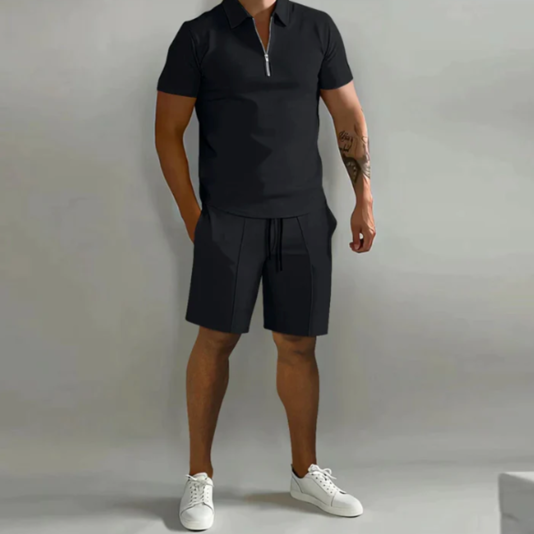 Herren Sommer Co Ord Kordelzug Shorts Und Halb Zip Oberteil Set | Zwei Teile