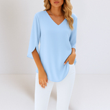 Damen Leichte Bluse Mit V Ausschnitt Und Langarm – Blau