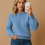Charlotte | Weicher Damen Strickpullover Mit Zopfmuster-Ärmeln – Himmelblau