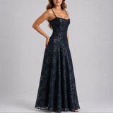 Marlene | Elegantes Herbst-Hochzeitskleid Mit Floralem Jacquard – Marine