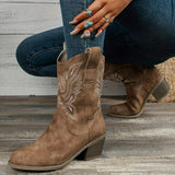 Damen Westernstiefel für breite Waden mit besticktem Schaft – Kamel
