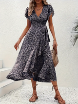Hannah | V-Ausschnitt Wickel Kleid Rüschen – Marineblau