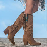 Marina | Boho kniehohe Wildlederstiefel mit Fransen und Türkisdetails – Brown