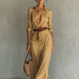 Maxikleid für Damen mit Knopfleiste und Gürtel – Khaki