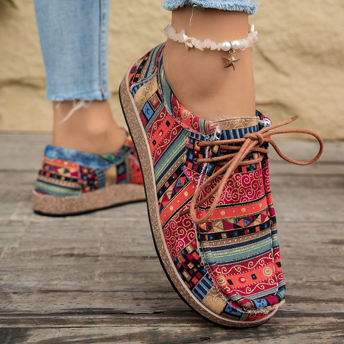 Damen Vintage Boho SchnürSchuhe