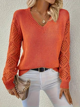 Emily | Eleganter Damen V-Ausschnitt Strickpullover Mit Lochmuster-Ärmeln – Orange