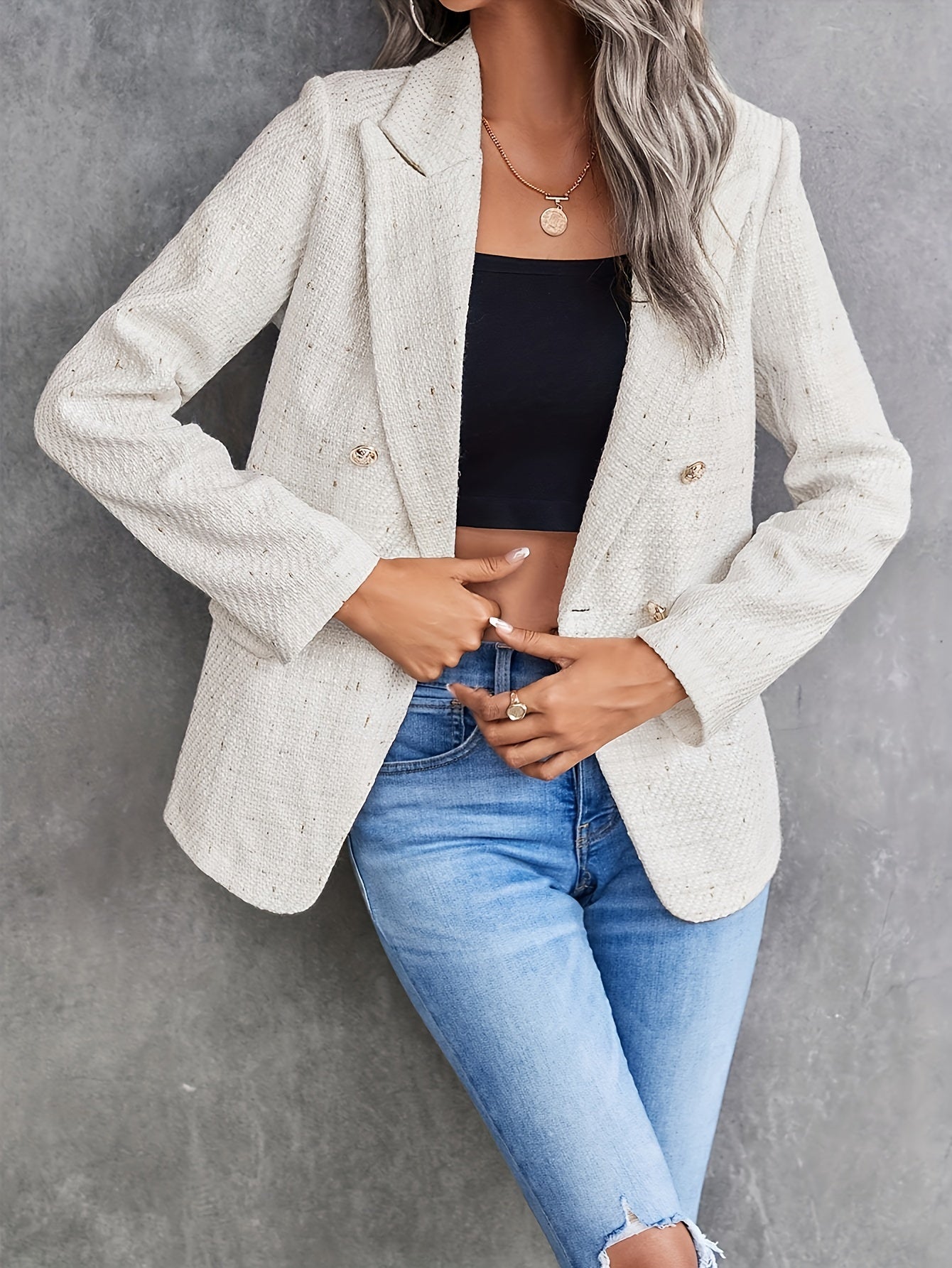 Eleganter Tweed-Doppelreiher-Blazer Mit Reverskragen In Beige Für Damen |  Ideal für das tägliche Tragen