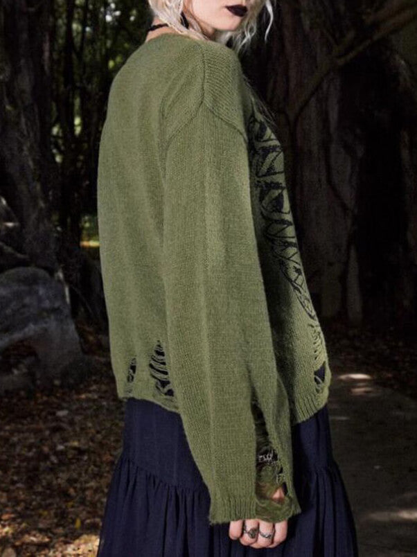 Halloween-Skelett Dunkler Stil Rissiger Langarm-Pullover