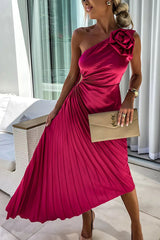 Damen Ein-Schulter Plissiertes Elegantes Kleid – Fließendes Abendkleid – Rot
