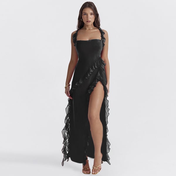 Damen Elegantes Rüschen Hoher-Schlitz Kleid | Maxi