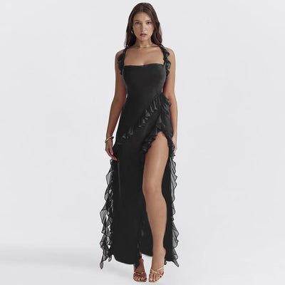Damen Elegantes Rüschen Hoher-Schlitz Kleid | Maxi