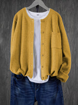 Eugenia | Damen Rundhals-Cardigan mit Knöpfen und Tasche – Gelb