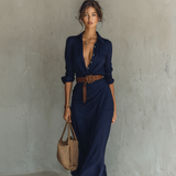 Maxikleid für Damen mit Knopfleiste und Gürtel – Marineblau