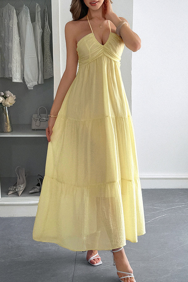 Lara® | Maxikleid mit Unifarbenem Halfter Hals und Bindung im lässigen Urlaubsstil