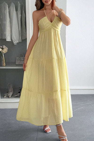 Lara® | Maxikleid mit Unifarbenem Halfter Hals und Bindung im lässigen Urlaubsstil