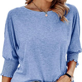 Wilma Bluse Damen – Elegante Rundhals-Bluse mit Plissee-Ärmeln – Himmelblau