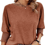 Wilma Bluse Damen – Elegante Rundhals-Bluse mit Plissee-Ärmeln – Kaffee