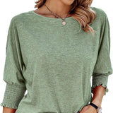 Wilma Bluse Damen – Elegante Rundhals-Bluse mit Plissee-Ärmeln – Grasgrün