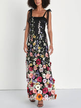 Damen Elegantes 3D Besticktes Blumen Maxikleid – Luxuriöses Abendkleid – Schwarz