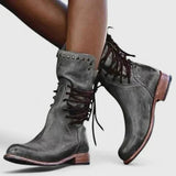 Rebecca | Vintage kniehohe Stiefel mit Schnürung und Nieten – Grau