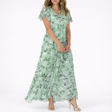 Scarlett | Florales Herbst-Hochzeits Maxikleid aus Chiffon mit Volantärmeln – Grün