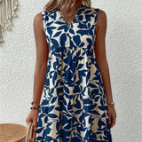 Damenkleid in A-Linie mit Blumenmuster und V-Ausschnitt – Blau