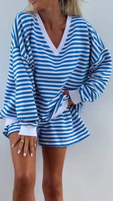 Damen V-Ausschnitt Gestreiftes Langarm Zweiteiler Set – Lässiges Outfit – Blaustreifen