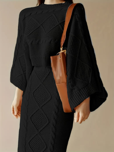 Stilvoller Pullover-Zweiteiler mit hohem Kragen, ausgestellten Ärmeln und Slim-Strickrock für Damen | Ideal für das tägliche Tragen