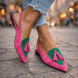 Delisia - Handgefertigte Sandalen mit Quastenriemen – Pink und Grün