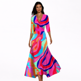 Damen V-Ausschnitt Langarm Blumen Maxi Kleid - Wickel Eleganter Stil – mehrfarbig