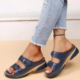 Damen Orthopädische Offene Leder Sandalen – Verstellbare Schnallen Komfort Schuhe – Dunkelblau