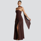 Sabina | Damen Hochzeitsgast Asymmetrisches Maxikleid – Braun