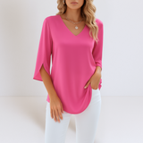 Damen Leichte Bluse Mit V Ausschnitt Und Langarm – Rosa